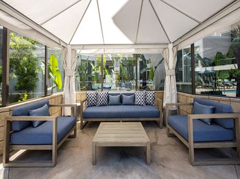 Poolside cabanas with lighting